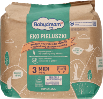 Babydream EKO PIELUSZKI rozmiar 3 MIDI (5-9kg) w brązowym papierowym opakowaniu. Widok z przodu, produkt neutralny dla klimatu.
