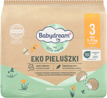 Babydream EKO PIELUSZKI, rozmiar 3 (5-9 kg), brązowe papierowe opakowanie z jeżami, widok z przodu.
