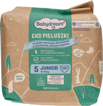 Babydream EKO PIELUSZKI rozmiar 5 Junior w brązowym, papierowym opakowaniu z zielonymi wzorami, widok z przodu.