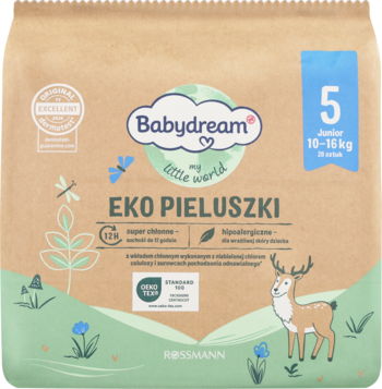 Pieluszki ekologiczne Babydream 5 Junior, 10-16kg. Brązowe opakowanie z jelonkiem, opis neutralności węglowej. Z przodu.