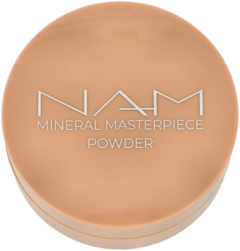 Okrągły puder utrwalający NAM Mineral Masterpiece Powder, beżowe opakowanie z srebrnymi napisami, widok z góry.
