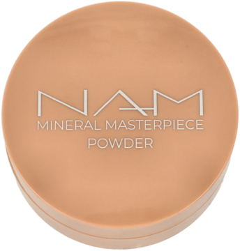 Okrągły puder utrwalający NAM Mineral Masterpiece Powder, beżowe opakowanie z srebrnymi napisami, widok z góry.
