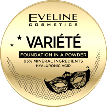 Eveline Variété Foundation in a Powder, złoty, okrągły, z ozdobną maską i napisem 93% minerałów, widok z przodu.