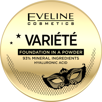 Eveline Variété Foundation in a Powder, złoty, okrągły, z ozdobną maską i napisem 93% minerałów, widok z przodu.