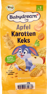 Babydream organic apple carrot cookies. Orange pouch with a cartoon rabbit, ideal for small hands, from 1 year.
