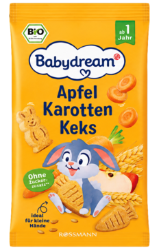 Pomarańczowe opakowanie Babydream Apfel Karotten Keks z królikiem, bez cukru, dla dzieci od 1 roku.