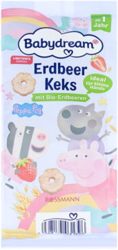 Front opakowania Babydream BIO Ciasteczka truskawkowe dla dzieci od 1 roku, z Peppa Pig, ciastkami i truskawkami.