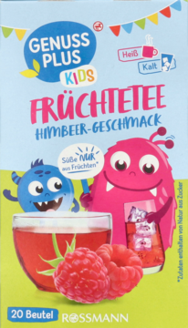 Opakowanie Genuss Plus Kids herbatka malinowa, niebiesko-zielone, z potworami i grafiką herbaty, widok z przodu.