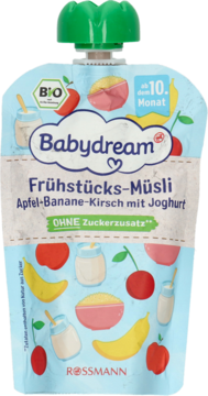 Babydream musli śniadaniowe w saszetce, jabłko, banan, wiśnia z jogurtem, od 10 miesiąca, bez cukru.