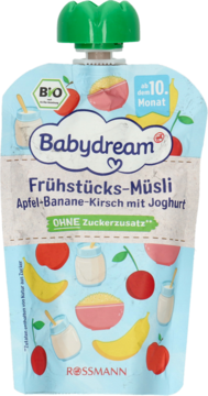 Babydream musli śniadaniowe w saszetce, jabłko, banan, wiśnia z jogurtem, od 10 miesiąca, bez cukru.
