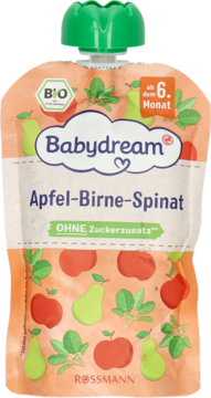 Saszetka Babydream Apfel-Birne-Spinat, pasteryzowany mus jabłkowo-gruszkowo-szpinakowy, od 6. miesiąca, widok z przodu.
