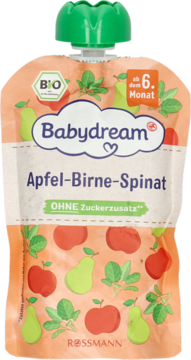 Saszetka Babydream Apfel-Birne-Spinat, pasteryzowany mus jabłkowo-gruszkowo-szpinakowy, od 6. miesiąca, widok z przodu.
