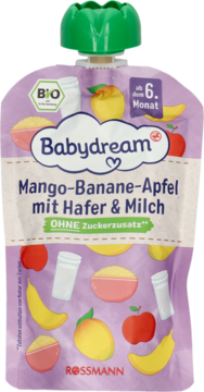 Fioletowa saszetka Babydream BIO Mango-Banane-Apfel od 6. miesiąca, z owsem i mlekiem, widok frontalny.