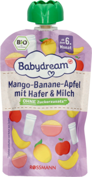 Fioletowa saszetka Babydream BIO Mango-Banane-Apfel od 6. miesiąca, z owsem i mlekiem, widok frontalny.