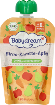 Babydream BIO Mus gruszka-marchew-jabłko w beżowej saszetce z zieloną zakrętką, bez cukru, widok z przodu.