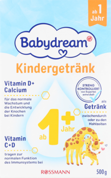 Babydream Napój dla dzieci 1+ rok, mleko modyfikowane 500g, niebieski karton z żółtymi żyrafami, przód.