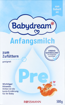 Babydream Mleko początkowe PRE, niebiesko-białe opakowanie 500g, z lisami, dla niemowląt od urodzenia.