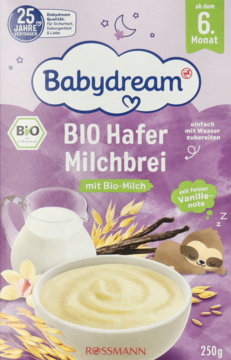Frontal view of Babydream BIO Oat Milk Porridge 250g bag, purple with bowl, milk, vanilla, & sloth cartoon, 6+ months.