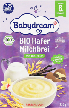 Fioletowe opakowanie Babydream BIO Hafer Milchbrei dla dzieci od 6. miesiąca z wanilią, widok z przodu.