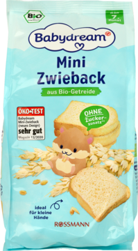 Jasnoniebieska paczka Babydream Mini Zwieback BIO, bez cukru, z rysunkowym chomikiem, widok z przodu.