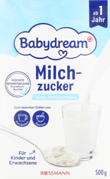 Babydream Cukier mleczny 500g dla dzieci i dorosłych od 1 roku, białe opakowanie, do słodzenia napojów i jedzenia.