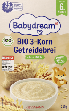 Kaszka Babydream BIO 3-Korn bez mleka, od 6. m-ca. Brązowe opakowanie z miską kaszki i wiewiórką, widok z przodu.