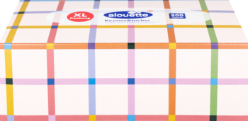 Pudełko podpasek Always Discreet XL z wielokolorową kratą, widok z góry pod kątem. Logo XL i Always.