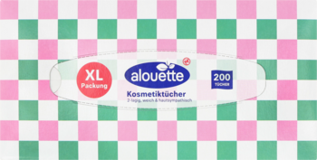 Pudełko chusteczek kosmetycznych Alouette XL, 200 sztuk, w zielono-różową szachownicę, widok z przodu.