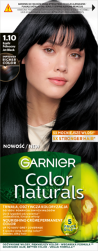 Garnier Color Naturals 1.10 Jet Black, trwała farba do włosów, opakowanie z modelką i awokado.