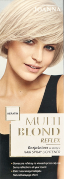 Joanna Multi Blond Reflex Rozjaśniacz do włosów w sprayu, beżowe pudełko z blond modelką i keratyną.