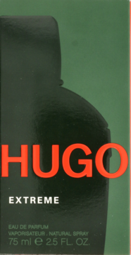 Opakowanie perfum Hugo Extreme 75ml, ciemnozielone, z czerwoną nazwą i sylwetką butelki, widok z przodu.