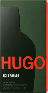 Ciemnozielony kartonik perfum Hugo Extreme Eau de Parfum, z czerwonym napisem HUGO i sylwetką butelki.