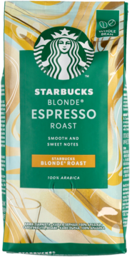 Zielone opakowanie kawy ziarnistej Starbucks Blonde Espresso Roast, z falistymi złotymi wzorami.