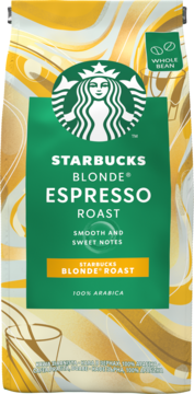 Starbucks Blonde Espresso Roast, zielone opakowanie z złotymi wzorami, widok z przodu, z logo syreny, kawa ziarnista.