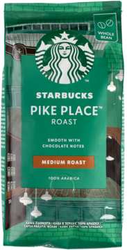 Zielona torebka kawy ziarnistej Starbucks Pike Place Roast, z nutami czekolady, widok z przodu.