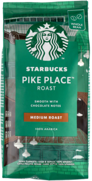 Zielona torebka kawy ziarnistej Starbucks Pike Place Roast, z nutami czekolady, widok z przodu.