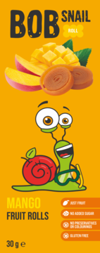 Bob Snail Mango Fruit Rolls, opakowanie: kawałki mango, dwie rolki, wesoły ślimak na żółtym tle. "Just Fruit".