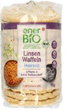 EnerBIO Linsen Waffeln Meersalz 90g, wafle soczewicowe w przezroczystym opakowaniu, z przodu widoczne logo i składniki.
