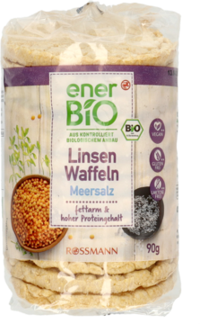 EnerBIO Linsen Waffeln Meersalz 90g, wafle soczewicowe w przezroczystym opakowaniu, z przodu widoczne logo i składniki.