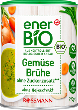 Front view of enerBIO organic vegetable broth, 290g can, white label with green text, vegan, no added sugar.