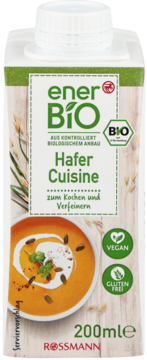 Biały karton Ener Bio Hafer Cuisine 200ml, z zieloną etykietą, wegański i bezglutenowy, widok z przodu, zupa dyniowa.