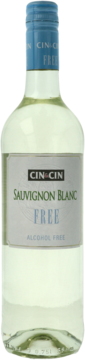 Butelka bezalkoholowego CIN&CIN Sauvignon Blanc, frontem, z białą etykietą "FREE" i niebieską zakrętką.