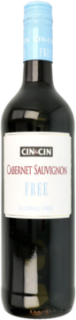 Ciemna butelka wina CIN&CIN Cabernet Sauvignon bezalkoholowego, z białą etykietą i błękitną nakrętką, widok z przodu.