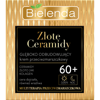 Złoto-czarne opakowanie kremu Bielenda Złote Ceramidy 60+ z 24K złotem i kolagenem, widok z przodu.