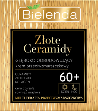 Bielenda Złote Ceramidy 60+, głęboko odbudowujący krem przeciwzmarszczkowy na dzień/noc dla cery dojrzałej, złote opakowanie.