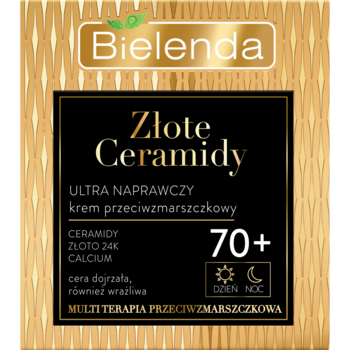 Krem Bielenda Złote Ceramidy 70+ przeciwzmarszczkowy, czarno-złote opakowanie, widok z przodu.