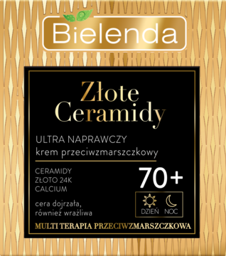 Bielenda Złote Ceramidy 70+, krem przeciwzmarszczkowy na dzień/noc, złoto-czarne opakowanie, widok z przodu.