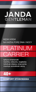 JANDA GENTLEMAN Platinum Carrier 40+, męski krem do twarzy w eleganckiej czarnej butelce z metalicznymi pasami.