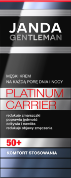 JANDA GENTLEMAN Platinum Carrier krem męski 50+ w czarno-srebrnym opakowaniu, widok z przodu z czerwonymi napisami.