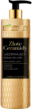 Bielenda Złote Ceramidy ujędrniający balsam do ciała z 24K złotem, złota butelka, czarna pompka, widok z przodu.